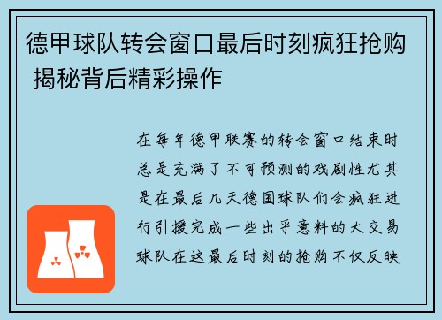 德甲球队转会窗口最后时刻疯狂抢购 揭秘背后精彩操作