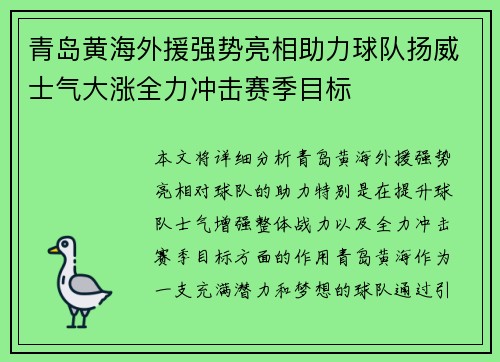 青岛黄海外援强势亮相助力球队扬威士气大涨全力冲击赛季目标